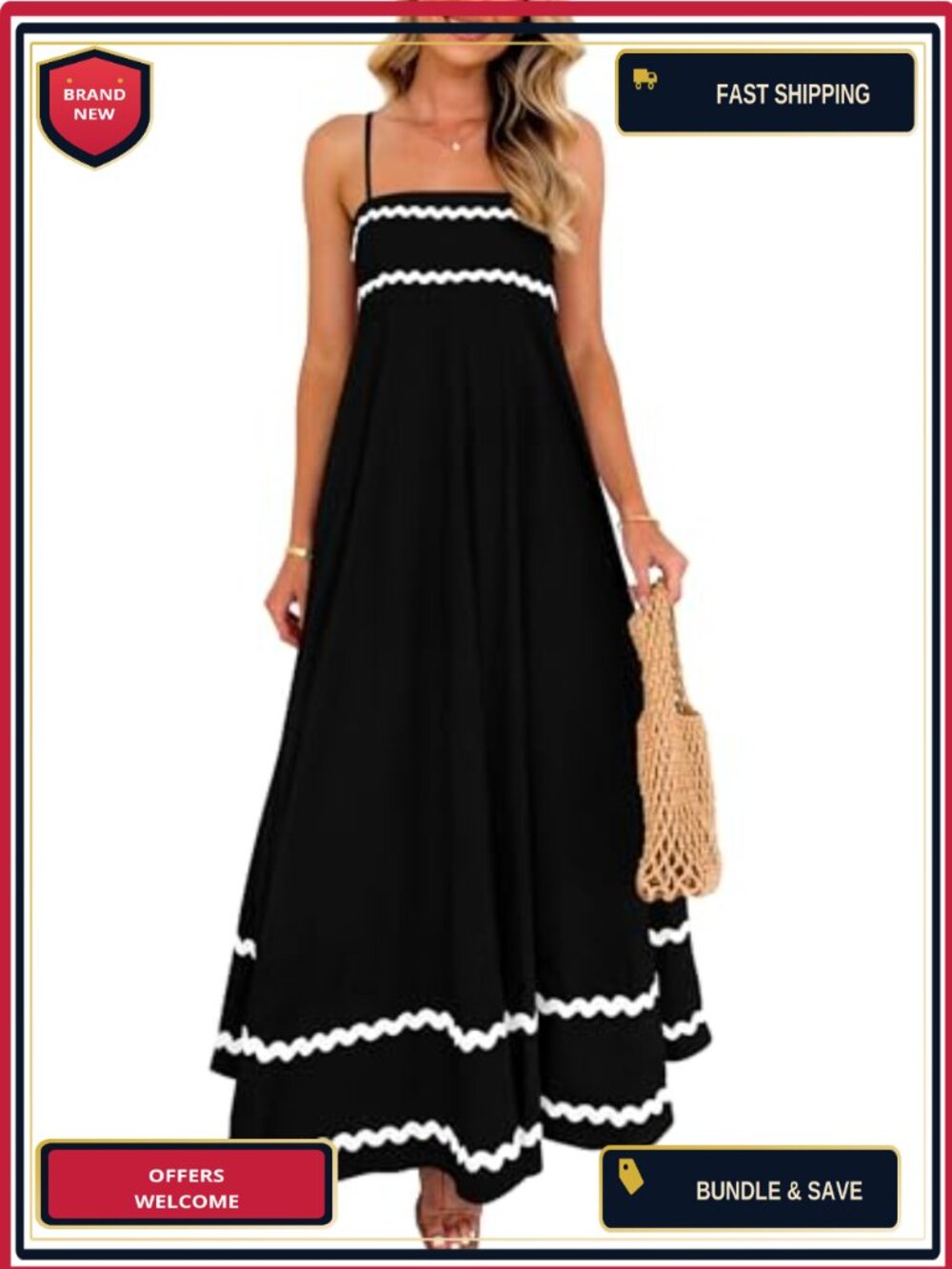 Boho Maxi Dress Sleeveless Square Neck High Waist Flowy Sundress with Pockets - Picture 1 of 6